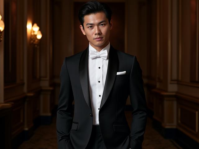 完璧に仕立てられたビスポークタキシード、日本人モデル着用